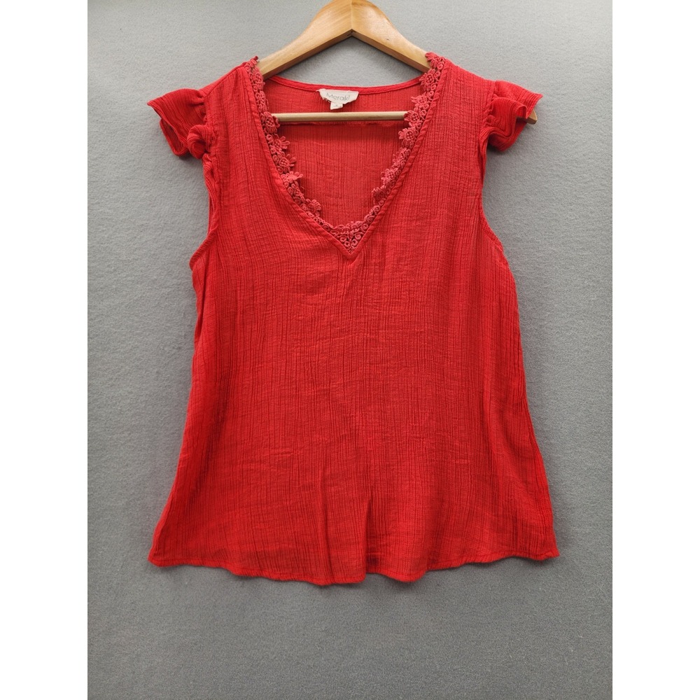 Meraki‎ Red Gauze Blouse Crochet Lace V-Neck Flutter Sleeve Top Womens Medium M